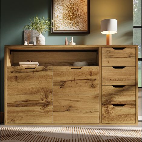 Aparador 150x40x90 cm, con estante abierto, 2 puertas, 4 cajones, baldas ajustables, MDF y metal, roble (1/5)