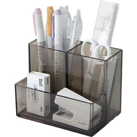 Pen Holder - 3 Compartment Acrylic Organizer - Desk Brush Storage for Office Dorm Bathroom - 1 Piece (1/5)