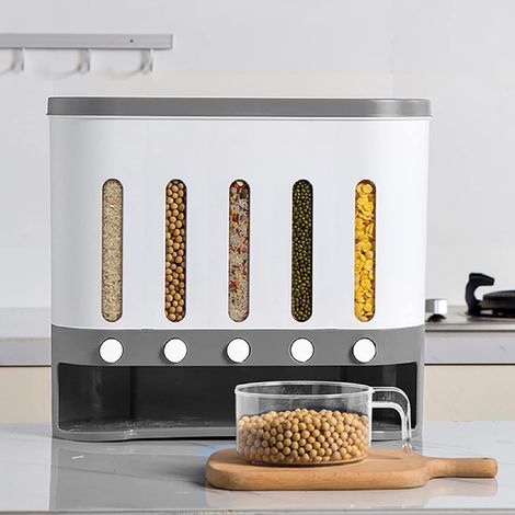 Distributeur de grain - 5 grilles - boîte de rangement, assortiment seau à grains divers seau à riz, 40  15  34cm, distributeur de produits secs polyvalent (1/5)