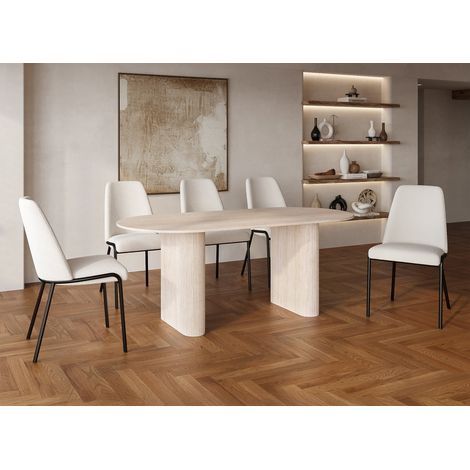 Deco In Paris – Table à manger ovale en marbre composite beige 8 personnes 200cm – Plateau aspect travertin – Pieds larges et robustes – Style contemporain