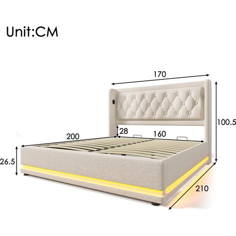 Lit double capitonné 160x200 cm, beige coton, coffre de rangement à vérin hydraulique, tête de lit avec port USB-C, LED trois côtés (sans matelas)