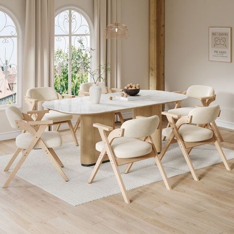 Chaises de salle à manger - GUTENT - Lot de 6 - Bois massif - Coussins en velours - Beige (1/5)