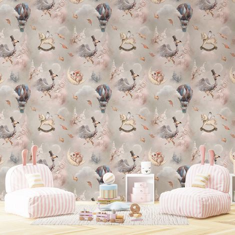 Papier peint panoramique Enfants - Motif Animaux Montgolfières - 130 cm x 81 cm (1/4)