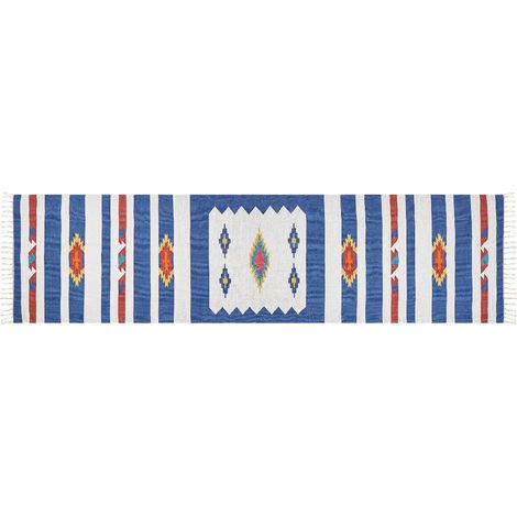 Alfombra kilim de algodón azul blanco rojo 80 x 300 cm a mano geométrico borlas Varser (1/5)
