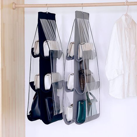 Hängender Handtaschen-Organizer, 2-teilig, 6 staubdichte Taschen, Aufbewahrungstasche für den Kleiderschrank (Schwarz+Grau) (1/4)
