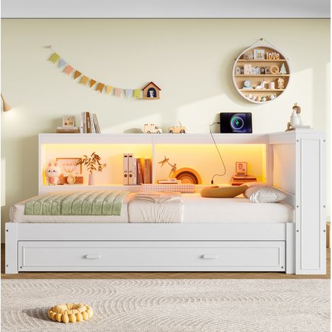 Bett Daybed modern 90x200 cm aus Kiefer, weiß, mit ausziehbarem Bett, LED und USB/Type-C (1/5)