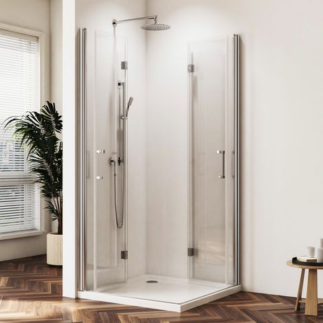 Duschkabine Falttür 100x100 cm Eckeinstieg 180° Rahmenlos Duschabtrennung Eckeinstieg Drehfalttür Dusche mit Doppel Falttüren aus 6mm Nano Beschichtung ESG Glas, Faltbar Duschwand Höhe 195cm
