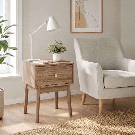 Table de chevet 40x40x55 cm en MDF chêne, avec rangement, style moderne, chambre FloraGrace (1/5)