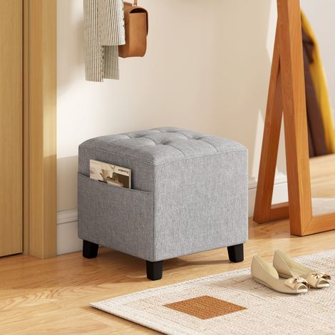 Tabouret carré, petit pouf avec compartiment latéral, repose-pieds en tissu aspect lin avec pieds en hévéa, gris clair (1/5)