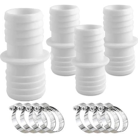 4 Pièces Raccord Tuyau Piscine 38mm, 3,8 x 7,5 cm Connecteur Tuyau 38 à 38mm avec 8 Colliers de Serrage Inox, Embout Cannelé PP Blanc pour Filtre à Sable, Pompe Piscine, Jardin et Aquarium