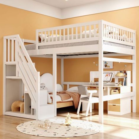 Lit Mezzanine 140x200cm en Bois Massif Escalier avec Rangement - lit double - Blanc Sommier Inclus Sécurisé Gain de Place Enfant Ado (1/5)
