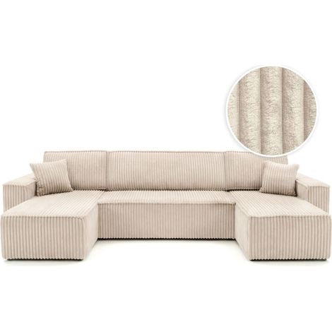 Canapé d'angle panoramique convertible 6 places FARAH en velours cotelé épais - Beige
