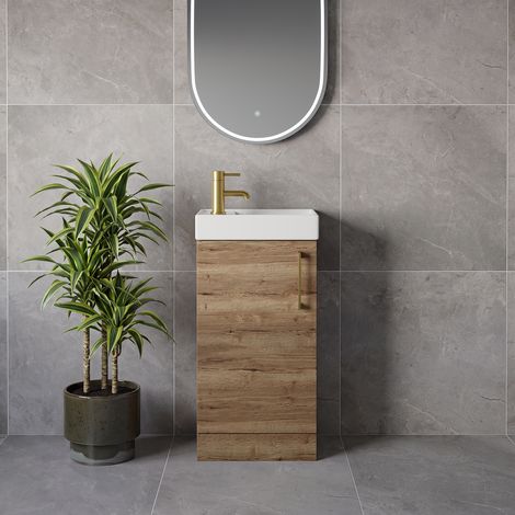 Napoli Cube Tobacco Oak 400mm Single Door Vanity Unit with Align Basin - 400mm - Brushed Brass 160mm Handle