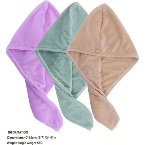 Lot de 3 serviettes en fibre pour cheveux – Séchage rapide et super absorbantes pour femmes (marron, violet, vert) (1/4)