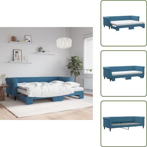 Lit de jour avec lit gigogne et matelas bleu 80x200 cm velours - Canapé Convertible - Lit Gigogne - Lit Invité - Meuble Multifonctionnel - Literie (1/5)
