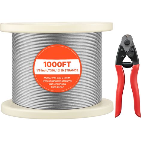 Mophorn Edelstahldrahtseil φ3,2 mm, 304,8 m Länge, Drahtseil aus Edelstahl 316 mit einer Bruchlast von 798 kg, 1 x 19 Litzen, geeignet für Terrassengeländer und Gartenspaliere, inkl. Drahtschneider (1/5)