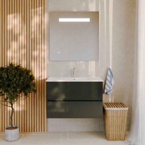 Meuble salle de bain 80 cm ROSALY avec plan vasque et miroir Elégance ht80- Gris- Plan vasque en Céramique