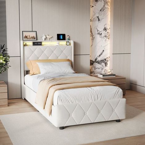 Bett einfach Kind 90x200 cm mit LED und 2 Schubladen - Bettgestell - Jugendbett - Gepolsterter Kopfteil - Lattenrost inklusive - Beige (1/5)