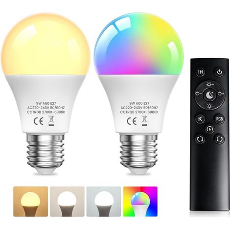 TobeBright E27 9W RGB LED-Lampe mit Fernbedienung, dimmbar RGB+ 3 Farbtemperaturen: Warmweiß, Kaltweiß, Tageslicht, Umgebungslicht für Party, Bar, Halloween (2er-Pack) (1/4)
