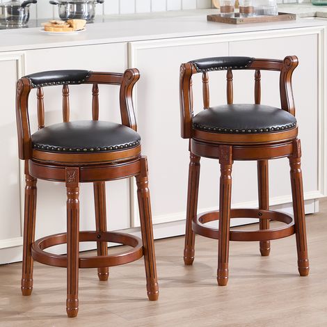 Tabouret de bar pivotant 360° avec dossier, cuir et bois, noir, REDOM (1/5)