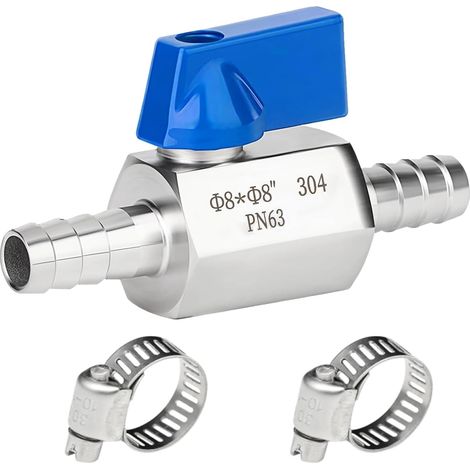 1 Robinet à Boisseau Sphérique, 8 MM, Acier Inoxydable, Poignée Bleue, Colliers de Serrage, Eau Gaz Carburant (1/5)