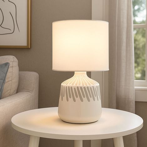 Tischlampe Nachttischlampe Tischleuchte weiß Textil Keramik H 31,5 cm