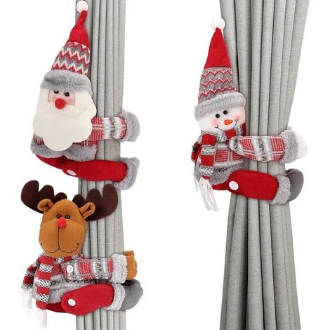 Lot de 3 embrasses pour rideaux de Noël, style dessin animé, motifs Père Noël, bonhomme de neige, poupée élan, décoration de