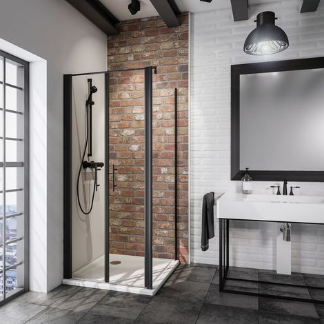 Schulte – Porte de douche battante avec paroi fixe – Verre 5 mm anticalcaire – Profilé noir – Largeur 90 cm – Hauteur 192 cm – Accès large 76,4 cm