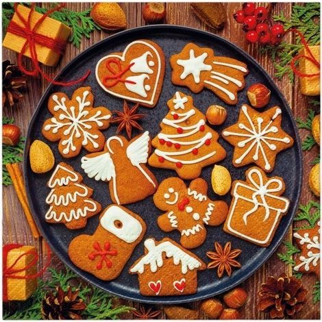 Tovaglioli natalizi con biscotti di pan di zenzero, 33x33 cm, 20 pezzi.