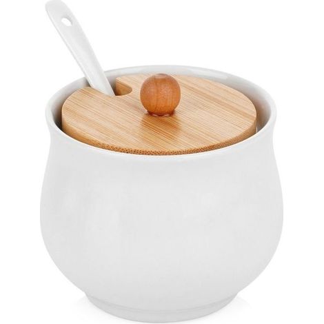 Sucrier en céramique - Lot avec cuillère - Couvercle amovible - design moderne - 250 ml - idéal pour sucre et épices (1/5)