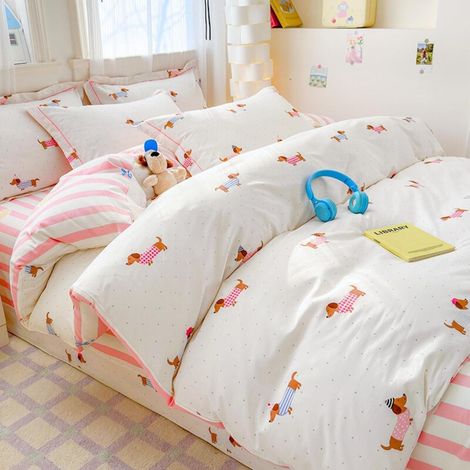 Parure de lit 135x200cm avec motif Teckel, microfibre, rose/blanc