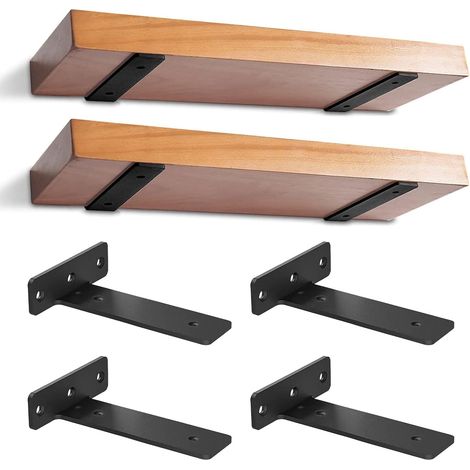 4 Pièces Supports D'Étagère Flottants, Equerre Charge Lourde Avec Vis Et Ancrages Assortis, Equerre Etagere Murale Métal pour Salon Bureau Cuisine (Noir, 25 cm) (1/5)