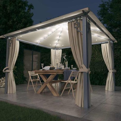 Tonnelle avec rideau et lumières LED 3x3 m Crème Aluminium (1/5)