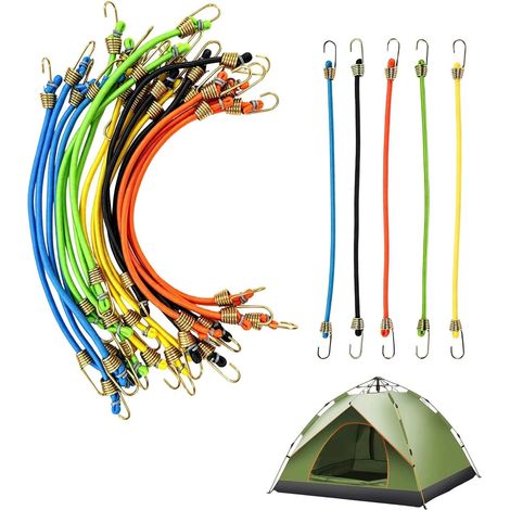 Paquete de 20 cuerdas elásticas con ganchos de 4 mm: cuerdas elásticas cortas de látex de alta calidad con revestimiento textil trenzado cuerdas de sujeción para lonas, coches, bicicletas, autocaravan (1/5)