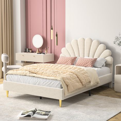 Lit 140 x 200 cm avec sommier,lit 2 personnes avec tête de lit,lit pour fille,lit princesse,lit rembourré avec sommier à lattes en bois,velours,beige (1/5)