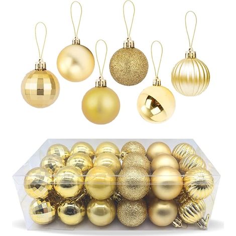 Set mit 24 dekorativen Weihnachtskugeln, bruchsichere, hängende Weihnachtsbaumkugeln, glänzend und funkelnd mit Aufhängeschlaufe für Weihnachtsbaum, Hochzeit, Party, Feiertage (Gold)