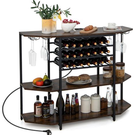 COSTWAY Gabinete para Barra de Vinos, Estante Industrial para Vinos de 3 Niveles con Estación de Carga Integrada, Soportes para Vasos, Botelleros, Tomas de Corriente, para Hogar y Bar, Marrón (1/5)
