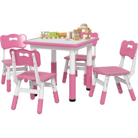 Set di tavoli e sedie per bambini dai 18 ai 60 mesi, design salvaspazio, altezza regolabile, tavolo per bambini con lavagna per la cameretta, realizzato in legno e PP, per 4 bambini, rosa