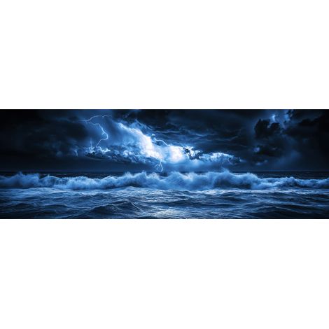 Tableau sur toile orage électrique en mer 30x97 cm - Impression sur Toile Murale Décorative - Image imprimée en HD sur Toile - Toile sur Châssis en Bois FSC - Fabriqué en France (1/4)