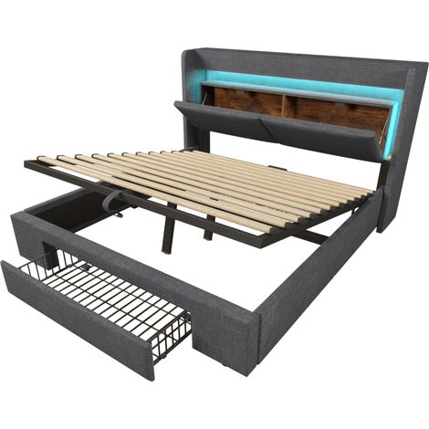 Cama canapé 160x200 cm gris en lino, cabecero con almacenaje, LED, USB y USB-C, colchón (1/5)