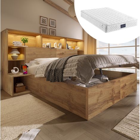 Letto matrimoniale 217x234x119 cm con LED, porte USB A e USB C, comodini integrati, legno effetto quercia (1/5)