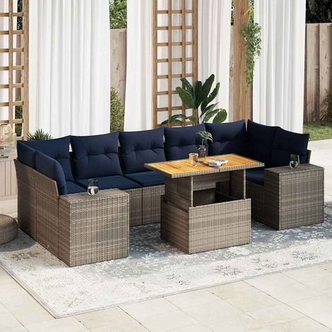 Ensemble salon jardin résine tressée 8 places avec coussins bleu marine, table bois acacia ajustable, rangement intégré (1/5)