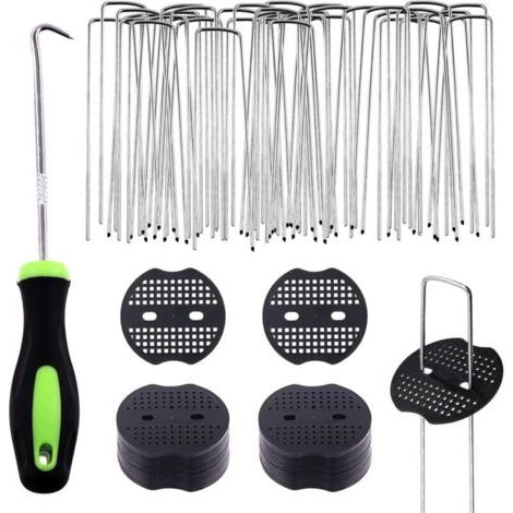 Lot de 101 piquets de jardin en forme de U et joints de fixation en plastique avec crochet de crochet, agrafes pour tuyaux d'irrigation, clôtures fixes, clous de gazon artificiel (1/4)