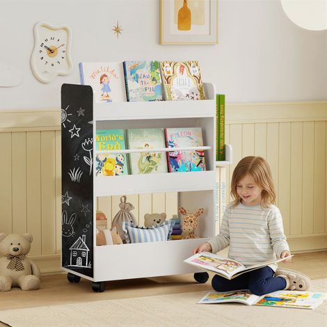 Bibliothèque pour enfant avec roulettes. rangement livre enfant de 3 à 8 ans avec tableau noir. 66.5x32.5x86.5cm. blanc