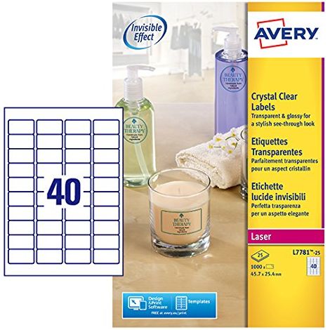 Avery Italia L7781-25 Etichette adesive trasparenti lucide, 25 fogli A4, rettangolari 45,7x25,4mm, 40 etichette per foglio, adesivo permanente, stampanti laser (1/5)