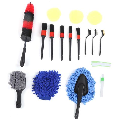 Set de 17 brosses de détail pour nettoyage auto, pneus, jantes, habitacle, extérieur, bouches d'aération, emblèmes, accessoire de lustrage polyvalent. (1/5)