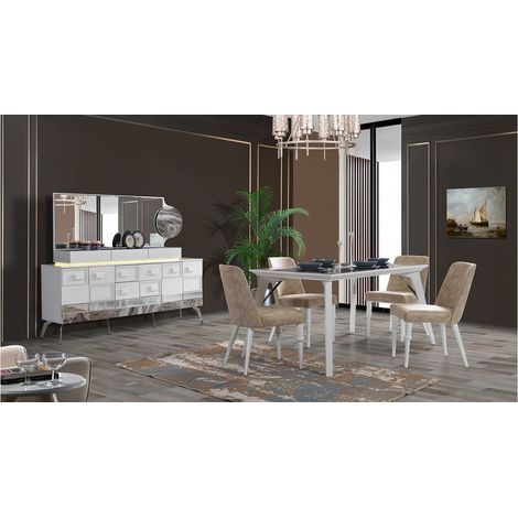 Azura Home Design – Salle à manger complète DOGA blanc effet marbre – Table extensible 160/200 x 90 cm – Buffet 182 x 43 x 155 cm – Chaises en bois et tissu