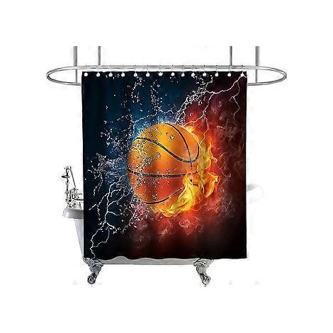 Basketball-Flammen-Duschvorhang-Set mit schwarz-weißem Motiv für Jungen, inklusive Haken, wasserdicht und waschbar