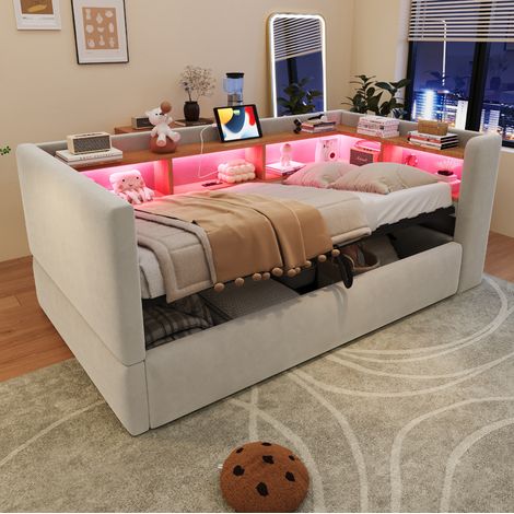 Divano letto 90x190 cm grigio chiaro in flanella con contenitore idraulico, LED e prese (1/5)