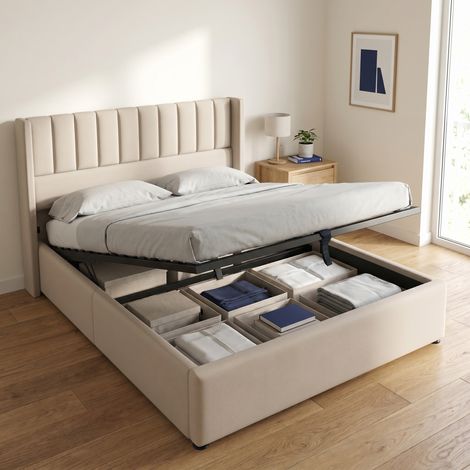Stauraumbett Doppelbett 160x200 cm mit hydraulisch hochklappbarem Lattenrost, gepolstertem Kopfteil, Leinenstoff Beige (1/5)
